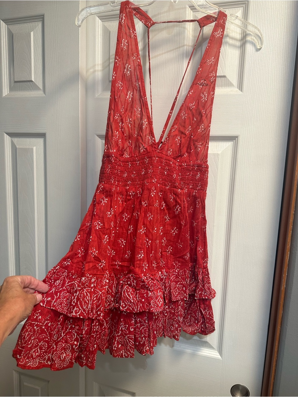 Free People Red Plunging Tiered Mini Dress with White Print